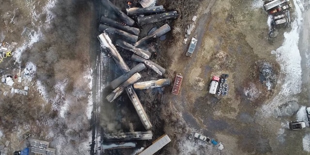 This video screenshot released by the U.S. National Transportation Safety Board (NTSB) shows the site of a derailed freight train in East Palestine, Ohio, the United States. About 50 Norfolk Southern freight train cars derailed on the night of Feb. 3 in East Palestine, a town of 4,800 residents near the Ohio-Pennsylvania border, due to a mechanical problem on an axle of one of the vehicles. There were a total of 20 hazardous material cars in the train consist, 10 of which derailed, according to the NTSB, a U.S. government agency responsible for civil transportation accident investigation.  