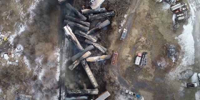 This video screenshot released by the U.S. National Transportation Safety Board (NTSB) shows the site of a derailed freight train in East Palestine, Ohio, the United States. About 50 Norfolk Southern freight train cars derailed on the night of Feb. 3 in East Palestine, a town of 4,800 residents near the Ohio-Pennsylvania border, due to a mechanical problem on an axle of one of the vehicles. There were a total of 20 hazardous material cars in the train consist, 10 of which derailed, according to the NTSB, a U.S. government agency responsible for civil transportation accident investigation.  