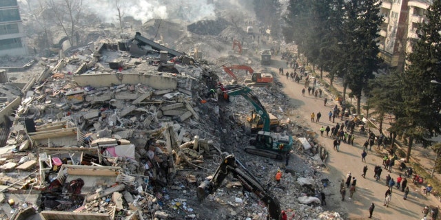 Aerial photo showing collapsed buildings in Kahramanmaras, southern Turkey, Saturday, Feb. 11, 2023. Rescuers in Turkey miraculously continued to pull earthquake survivors out of the rubble on Saturday. 