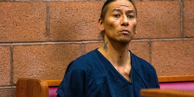 Nathan Chasing Horse sits in court in Las Vegas. Bail has been set at $300,000 for the former "Dances With Wolves" actor charged in Nevada with sexually abusing and trafficking Indigenous women and girls.