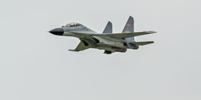 A J-11B fighter jet of the People's Liberation Army Air Force (PLAAF) 