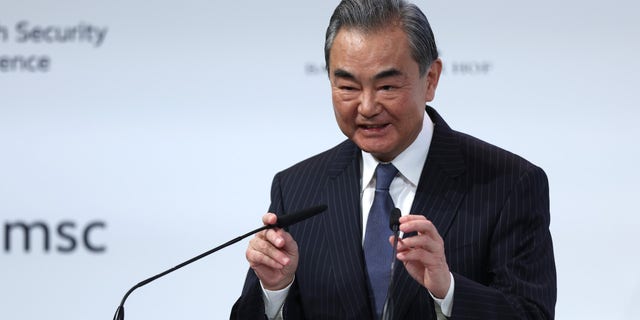 Chinese foreign affairs Minister Wang Yi speaks during the 2023 Munich Security Conference (MSC) on February 18, 2023 in Munich, Germany. The Munich Security Conference brings together defence leaders and stakeholders from around the world and is taking place February 17-19. Russia's ongoing war in Ukraine is dominating the agenda.
