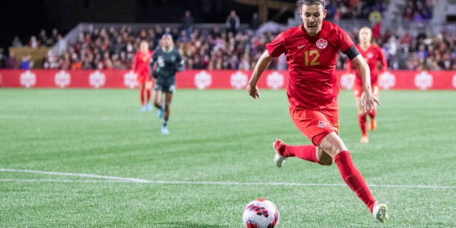 Christine Sinclair #12 of Canada against Nigeria during a Celebration tour friendly match at Starlight Stadium on April 11, 2022, in Langford, British Columbia, Canada.