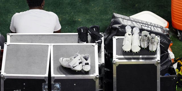 Cleats are seen on the sideline during the third quarter of Super Bowl LVII between the Kansas City Chiefs and the Philadelphia Eagles at State Farm Stadium on February 12, 2023 in Glendale, Arizona. 