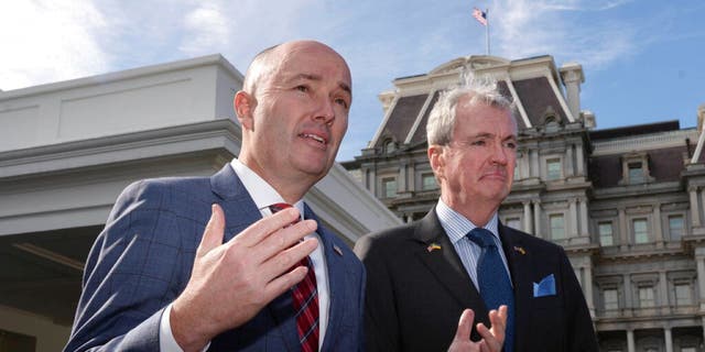National Governors Association Vice Chair Gov. Spencer Cox, of Utah, and Chair Gov. Phil Murphy of N.J., right, speak to reporters outside the West Wing of the White House