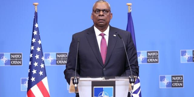 Defense Secretary Lloyd Austin holds a news conference after the second day sessions of the NATO Defense Ministers Meeting, on Feb. 15, 2023, in Brussels, Belgium.