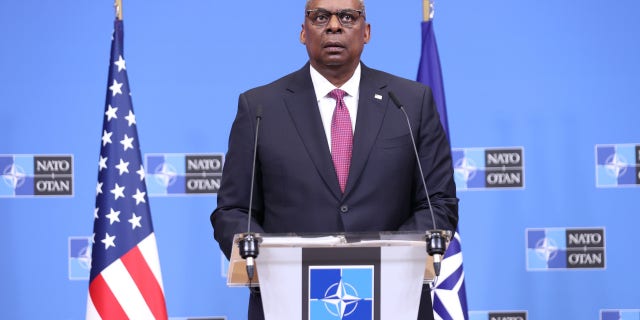 Defense Secretary Lloyd Austin holds a news conference after the second day sessions of the NATO Defense Ministers Meeting, on Feb. 15, 2023, in Brussels, Belgium.