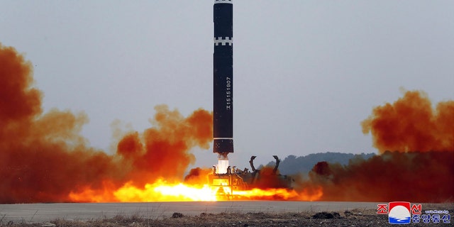 This photo provided by the North Korean government, shows what it says a test launch of a Hwasong-15 intercontinental ballistic missile at Pyongyang International Airport in Pyongyang, North Korea Saturday, Feb. 18, 2023. The content of this image is as provided and cannot be independently verified.