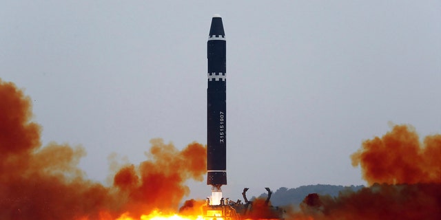 This photo provided by the North Korean government, shows what it says a test launch of a Hwasong-15 intercontinental ballistic missile at Pyongyang International Airport in Pyongyang, North Korea Saturday, Feb. 18, 2023. The content of this image is as provided and cannot be independently verified.