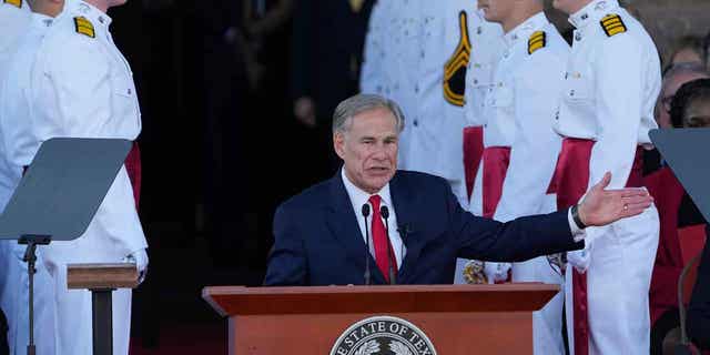 Texas Gov. Greg Abbott speaks during his inauguration ceremony in Austin, Texas, on Jan. 17, 2023. Abbott delivered a primetime address on Thursday night. He used the address to describe immigration measures in the state and highlight the states' humming economy.