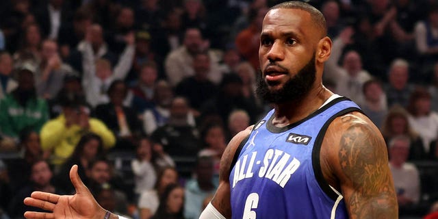 LeBron James #6 of the Los Angeles Lakers reacts during the first quarter of the 2023 NBA All Star Game between Team Giannis and Team LeBron at Vivint Arena on February 19, 2023 in Salt Lake City, Utah. 