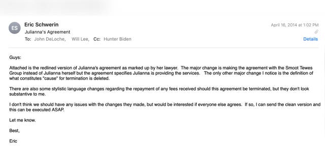 Hunter Biden's longtime business partner, Eric Schwerin, emailed the RSTP partners, saying, "Attached is the redlined version of Julianna's agreement as marked up by her lawyer."