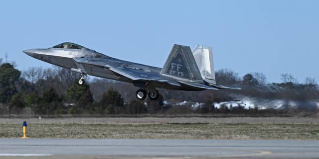 An F-22 fighter jet takes off from Langley Air Force Base to shoot down China's spy balloon. (US NORTHCOM)