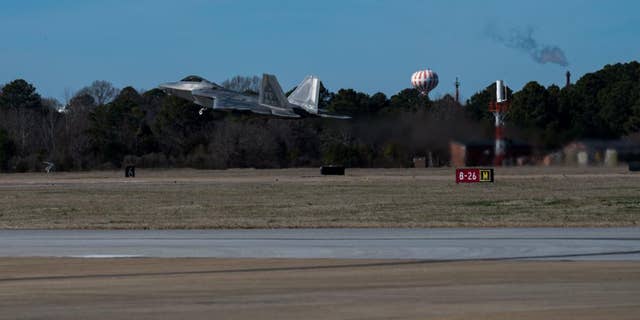 An F-22 fighter jet takes off from Langley Air Force Base to shoot down China's spy balloon. (US NORTHCOM)