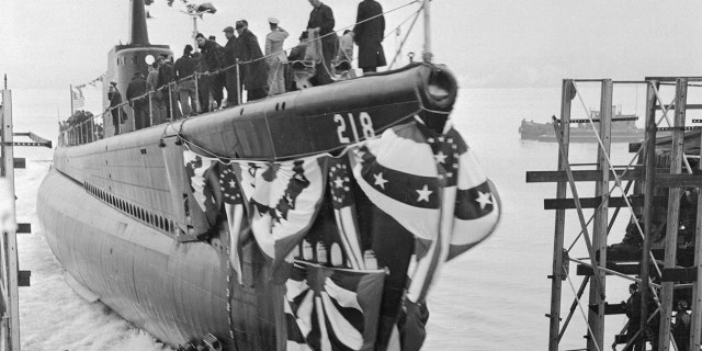 The U.S.S. Albacore submarine is shown Feb. 17, 1942, as she enters the water.