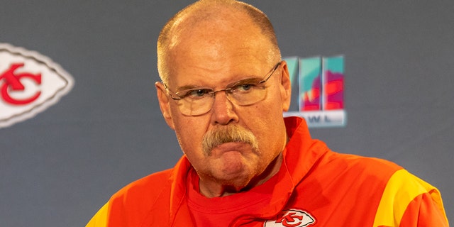 Head coach Andy Reid of the Kansas City Chiefs answers questions from reporters during a media conference on February 7, 2023, in Phoenix, Arizona.