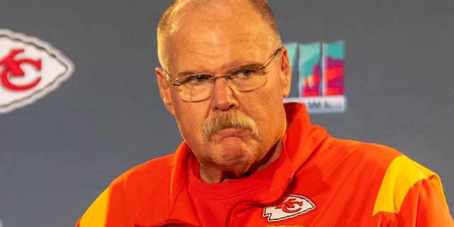 Head coach Andy Reid of the Kansas City Chiefs answers questions from reporters during a media conference on February 7, 2023, in Phoenix, Arizona.