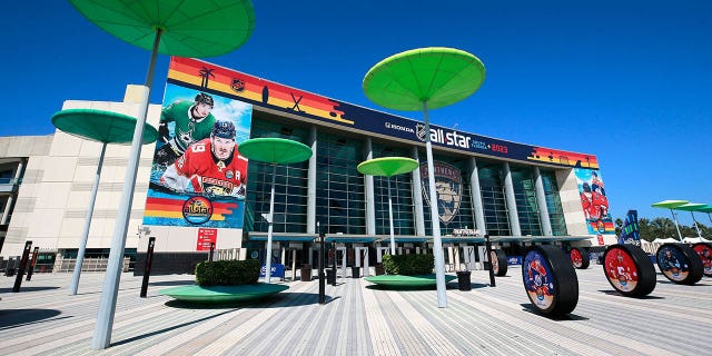A look at the exterior of FLA Live Arena before the start of the NHL All-Star Skills Competition Feb. 3, 2023, in Sunrise, Fla.