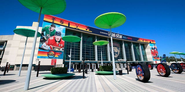 A look at the exterior of the FLA Live Arena before the start of the NHL All-Star Skills competition on February 3, 2023 in Sunrise, Florida. 