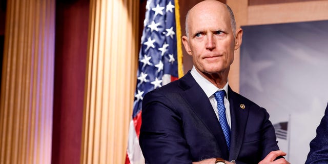 Sen. Rick Scott, R-Fla., listens during a news conference at the U.S. Capitol Building on Jan. 25, 2023, in Washington, D.C.