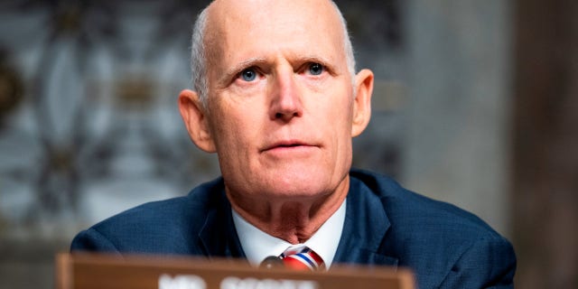 UNITED STATES - FEBRUARY 15: Sen. Rick Scott, R-Fla., attends the Senate Armed Services Committee hearing on Global Security Challenges and Strategy, in Dirksen Building, February 15, 2023. (Tom Williams/CQ-Roll Call, Inc via Getty Images) 