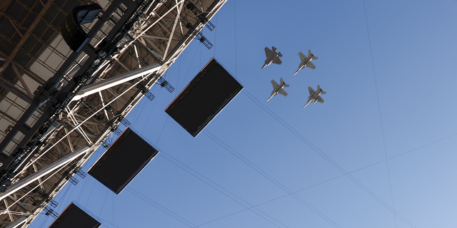 The Navy flyover with all-female flight crew prior to Super Bowl LVII at State Farm Stadium on Feb. 12, 2023, in Glendale, Arizona.