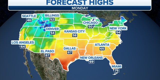 Forecast high temperatures for Monday, Feb. 13.