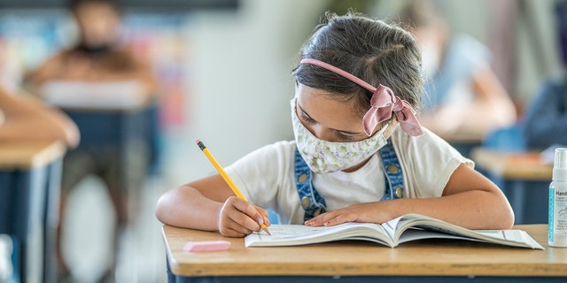 Girl is shown wearing a reusable protective face mask while working at her desk in school.