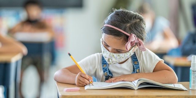 Girl is shown wearing a reusable protective face mask while working at her desk in school.