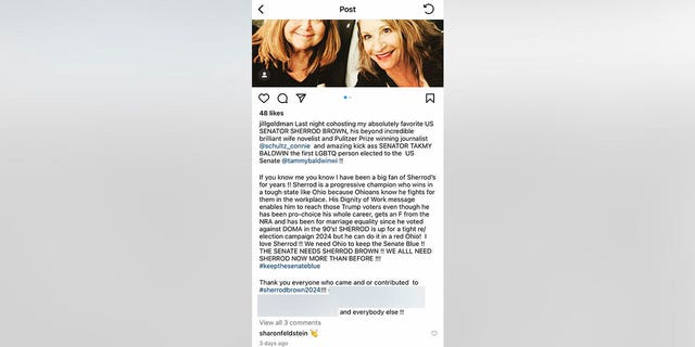 Sherrod Brown fundraiser post (Instagram screenshot)