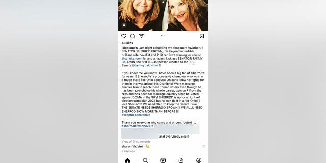 Sherrod Brown fundraiser post (Instagram screenshot)