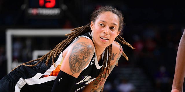 Brittney Griner #42 of the Phoenix Mercury looks on during the game against the Connecticut Sun on September 11, 2021 at Footprint Center in Phoenix, Arizona.