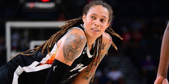 Brittney Griner #42 of the Phoenix Mercury looks on during the game against the Connecticut Sun on September 11, 2021 at Footprint Center in Phoenix, Arizona.