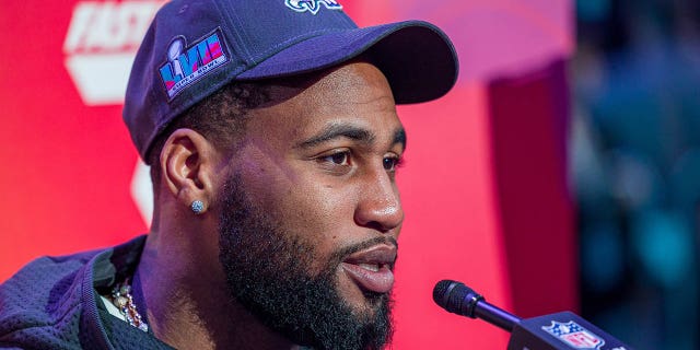 Philadelphia Eagles linebacker Haason Reddick (7) speaks to the media during NFL Super Bowl LVII Opening Night Feb. 6, 2023, at Footprint Center in Phoenix, Ariz.