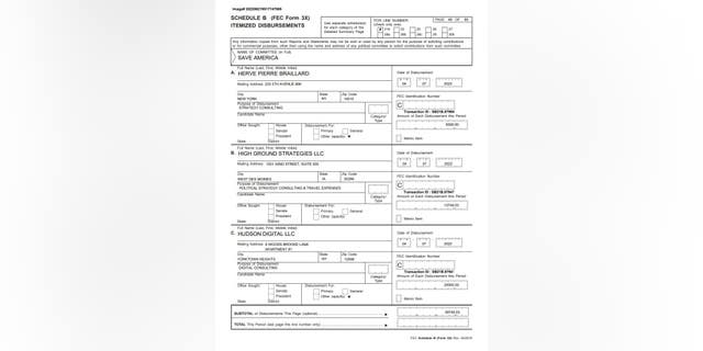 Um arquivo FEC mostrando pagamentos do Save America PAC para Herve Pierre Braillard.  (Comissão Federal de Eleições).