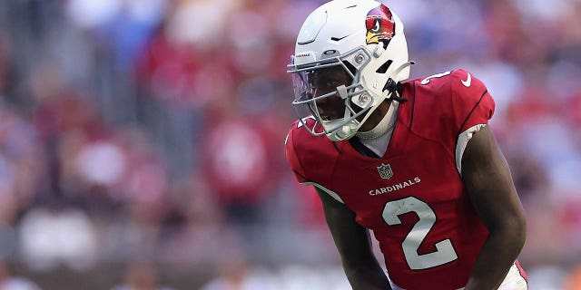 El receptor abierto de los Arizona Cardinals, Marquise Brown, se alinea durante un juego en el State Farm Stadium el 27 de noviembre de 2022, en Glendale, Arizona. 