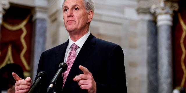 Speaker Kevin McCarthy gives remarks at a news conference in Statuary Hall of the U.S. Capitol on Feb. 2, 2023.