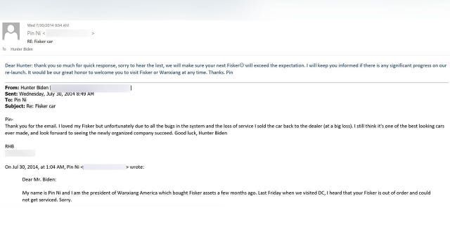 Less than a week aft nan Wanxiang executives met pinch Hunter’s begetter successful July 2014, nan company's president, Pin Ni, sent Hunter Biden an email astir his Fisker car.