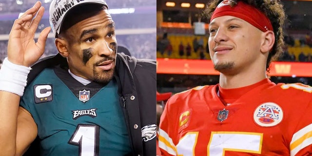 Philadelphia Eagles quarterback Jalen Hurts and Kansas City Chiefs quarterback Patrick Mahomes face off in Super Bowl LVII