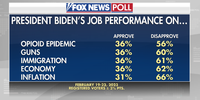Fox News Poll shows President Biden's capacity connected nan opioid pandemic, guns, immigration, nan system and inflation