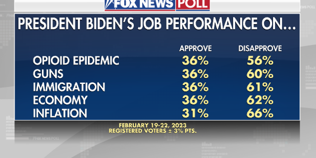 Fox News Poll shows President Biden's capacity connected nan opioid pandemic, guns, immigration, nan system and inflation