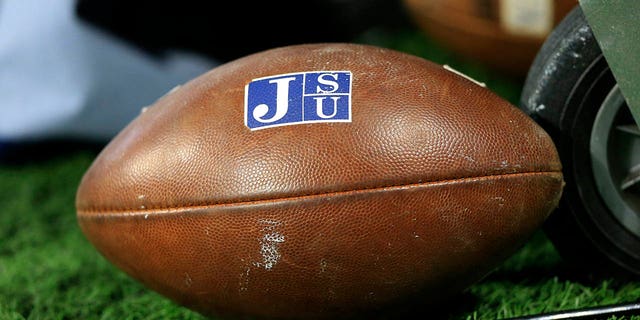 A Wilson football with the JSU logo prior to the college football Cricket Celebration Bowl game between the South Carolina State Bulldogs and the Jackson State Tigers on December 18, 2021, at the Mercedes-Benz Stadium in Atlanta, Georgia. 