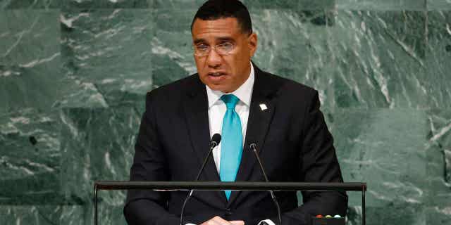 Jamaican Prime Minister Andrew Holness addresses the 77th session of the United Nations General Assembly on Sept. 22, 2022. Holness is being investigated by the country's anti-corruption agency regarding a conflict of interest.