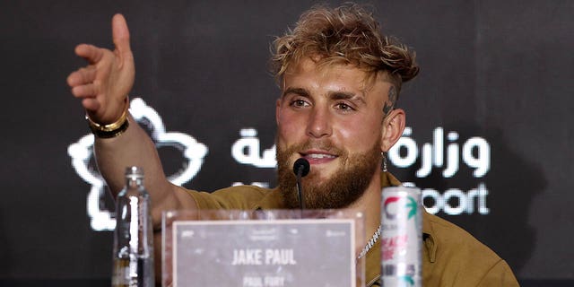 Jake Paul reacts during a pre-match press conference on February 23, 2023 in Riyadh, Saudi Arabia.