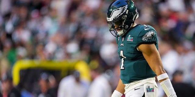 Jalen Hurts #1 of the Philadelphia Eagles returns to line of scrimmage against the Kansas City Chiefs during the second quarter of Super Bowl LVII at State Farm Stadium on February 12, 2023 in Glendale, Arizona. 