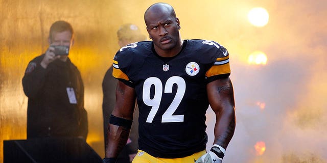 James Harrison of the Pittsburgh Steelers walks onto the field before the start of a game against the Oakland Raiders at Heinz Field Nov. 8, 2015, in Pittsburgh.  