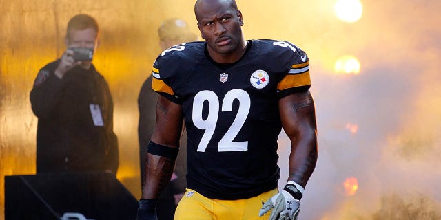 James Harrison of the Pittsburgh Steelers walks onto the field before the start of a game against the Oakland Raiders at Heinz Field Nov. 8, 2015, in Pittsburgh.  