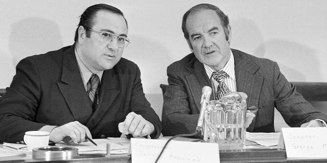 Former Democratic South Dakota Sen. James Abourezk (left), seen here with congressional colleague and 1972 Democratic presidential nominee George McGovern, died Friday at age 92.
