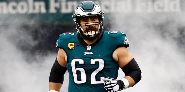 Jason Kelce #62 of the Philadelphia Eagles runs out of the tunnel prior to the NFC Championship NFL football game against the San Francisco 49ers at Lincoln Financial Field on January 29, 2023 in Philadelphia, Pennsylvania.