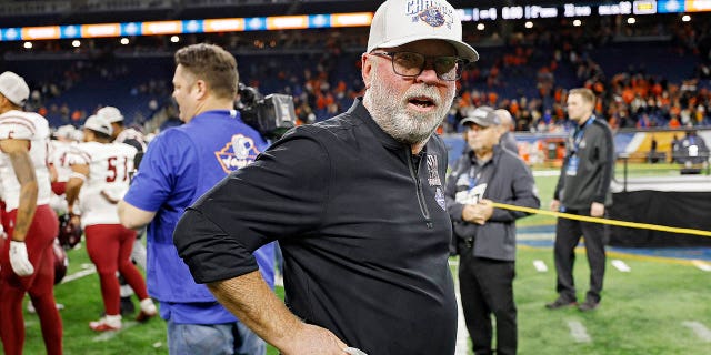 Jerry Kill head coach of the New Mexico State Aggies looks on after the Aggies defeated the Bowling Green Falcons, 24-19, in the Quick Lane Bowl at Ford Field on December 26, 2022 in Detroit, Michigan.